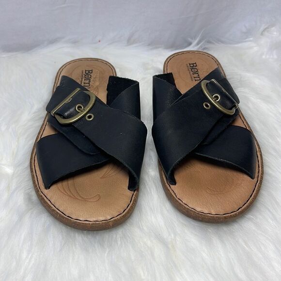 Born NWOT Black Double Strap Buckle Slides Sz 7 - Picture 2 of 6
